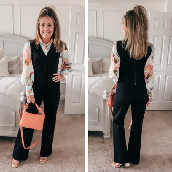 Spanx Perfect Sleeveless Jumpsuit Black 1X Wide Leg Shaping V-Neck Career Chic - Picture 10 of 16